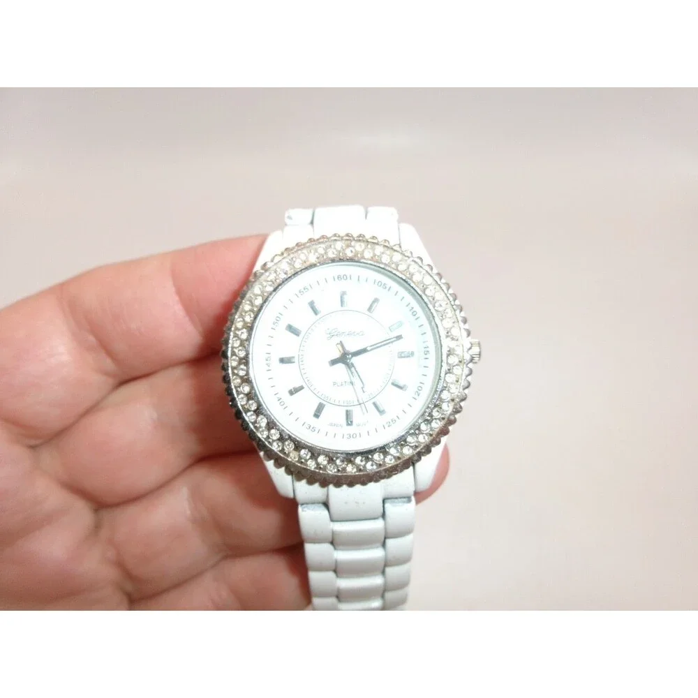 Geneva Platinum Japan Movt White Enamel Band Jeweled Dial Works Includes Battery